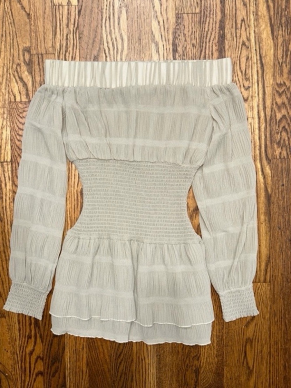 Outcast Off-Shoulder Smocked Midi Dress in Light Taupe - Picture 4 of 5